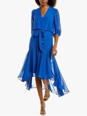 Taylor Cobalt Blue High-Low Midi Dress Tie-Waist Chiffon Sheer Sleeve XS